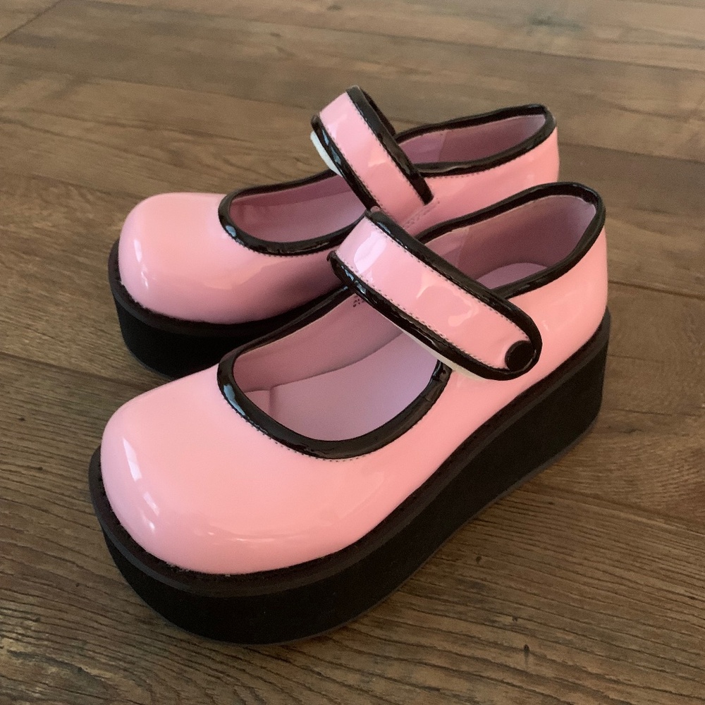 Demonia Pink and black platform Mary Janes